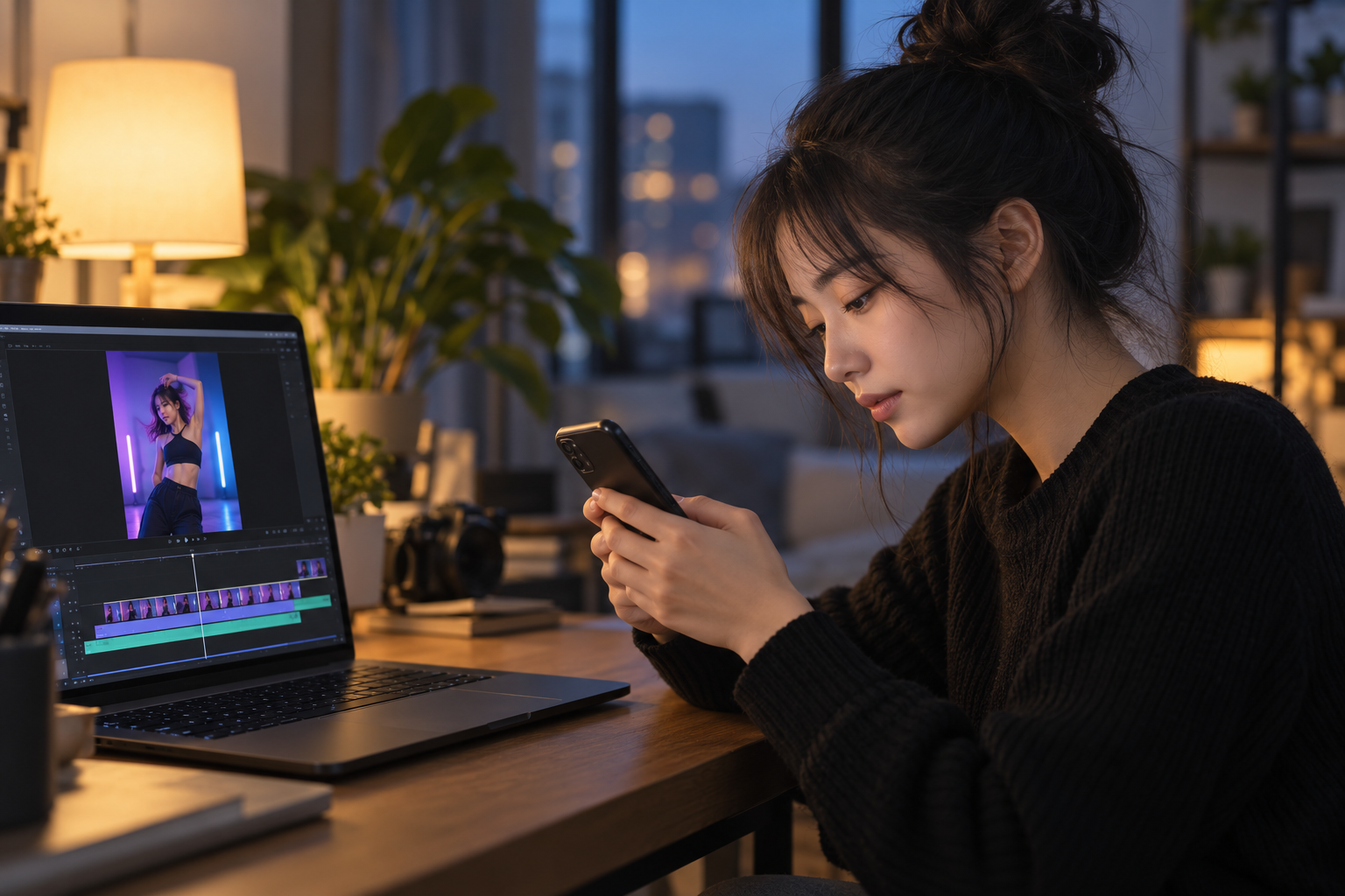 Creator reviewing a vertical video on her laptop
